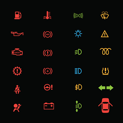 Car control panel interface icon set on black background. Car dashboard icons set. Collection car panel symbol