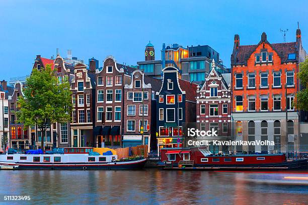 Night City View Of Amsterdam Canal With Dutch Houses Stock Photo - Download Image Now