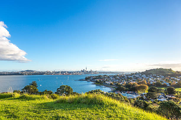 vue de soirée à auckland city, devonport - travel beach mountain pacific ocean photos et images de collection