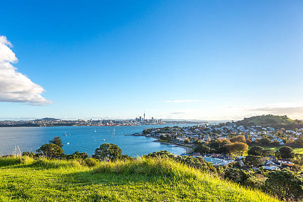 Evening view of Auckland city and Devonport View of Auckland skyline and volcanoes of Devonport from the North Head mountain, Devonport, Auckland, New Zealand auckland region photos stock pictures, royalty-free photos & images