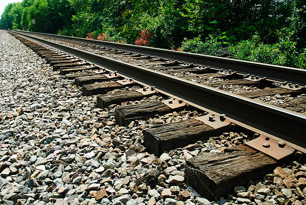 istock Railroad Train Tracks and ties rocky base 511324335