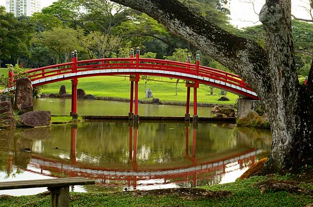 istock Japanese Gardens red bridge and reflection in pond with tree 511324897