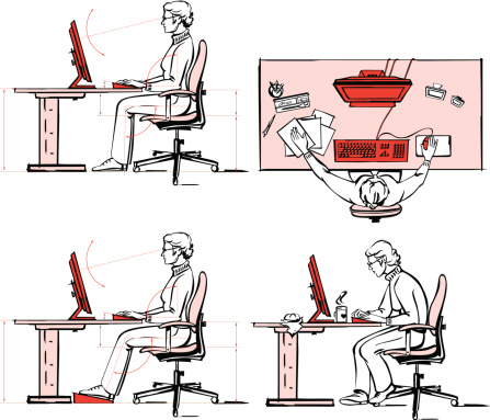 Four vector images showing a person working on PC and the right and false posture at the work.