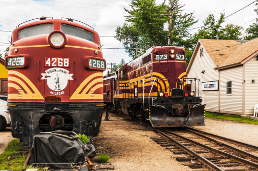 North Conway, New Hampshire Usa - July 24, 2014: old fashioned locomotive in a train depot