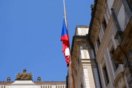Facade of Municipal House (ObecnÃ­ dÅ¯m) of Prague, Czech Republic, with Powder Tower (Prasna Brana) at the background