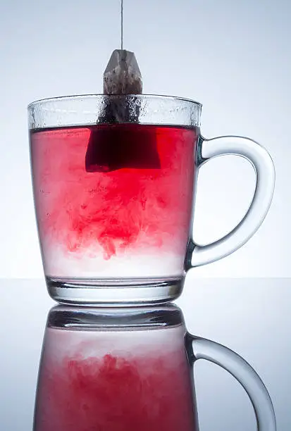 Photo of tea bag in a transparent mug with reflection