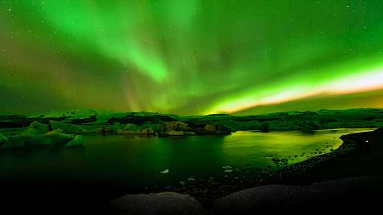 The Northern lights (Aurora borealis) at Jokulsalon Glacier Lagoon, Iceland