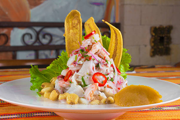 Ceviche Peruvian Ceviche with banana snacks peruvian culture stock pictures, royalty-free photos & images