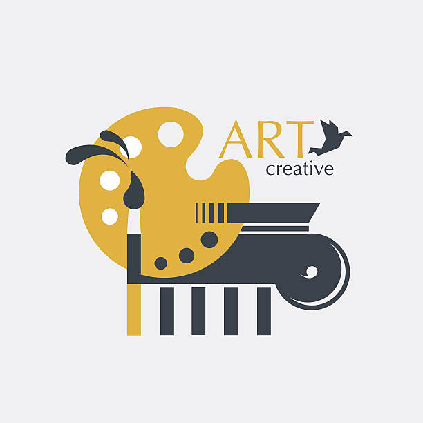 ilustraciones, imágenes clip art, dibujos animados e iconos de stock de logotipo creatividad y arte con pincel de paleta y jónico columna - paleta equipo de arte y artesanía