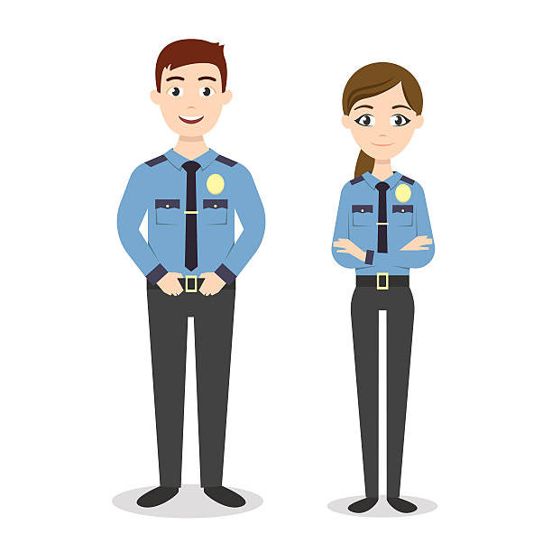 illustrazioni stock, clip art, cartoni animati e icone di tendenza di vettoriale caratteri :  due giovani di funzionari di polizia. - badge blue crime law