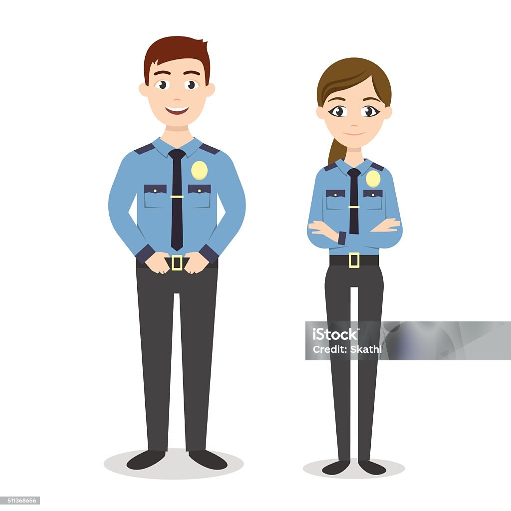 Vector characters: two young happy police officers. Vector characters: two young happy police officers, man and woman. Security Guard stock vector