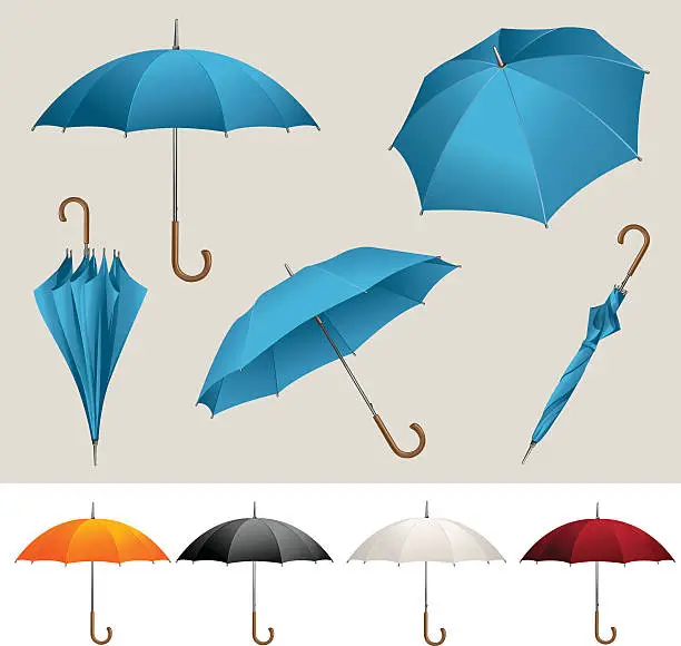 Vector illustration of Collection of opened, folded, top view vector blue umbrellas