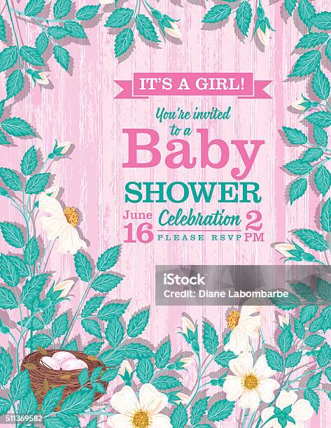 Its A Girl Wild Roses Baby Shower Invitation Stock Illustration - Download Image Now - Baby Shower, Invitation, Animal Egg