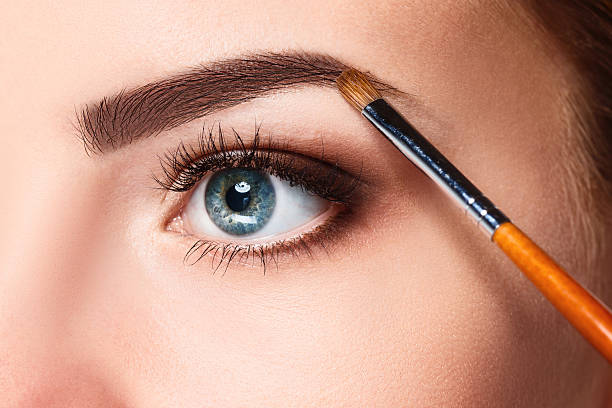 lindos olhos feminino com make-up e escova - make up cosmetics women make up brush imagens e fotografias de stock