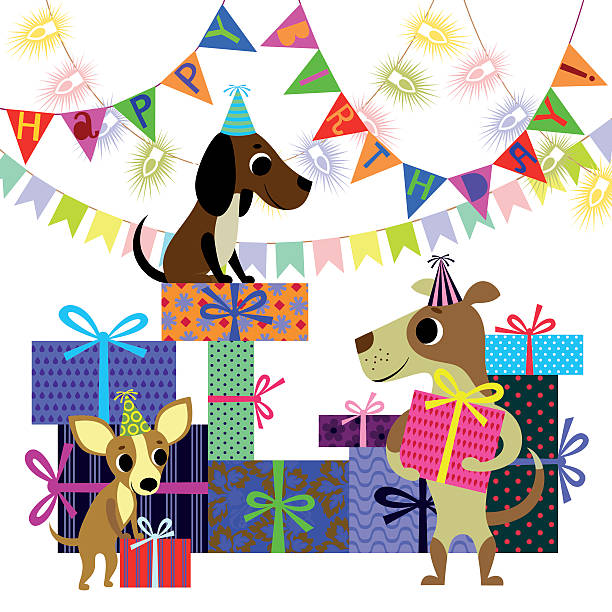 ilustraciones, imágenes clip art, dibujos animados e iconos de stock de cumpleaños y perros con cajas de regalos - birthday card dog birthday animal