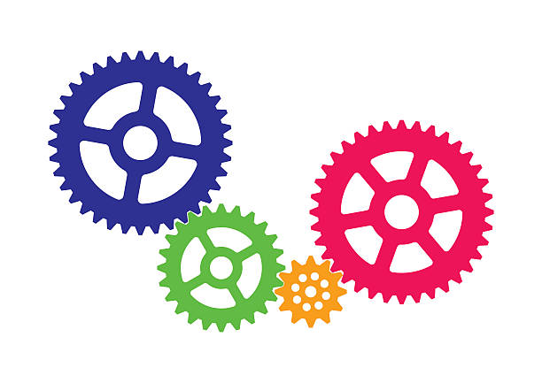 Coloured cogs Four interlocking coloured cogs. interlocked stock illustrations