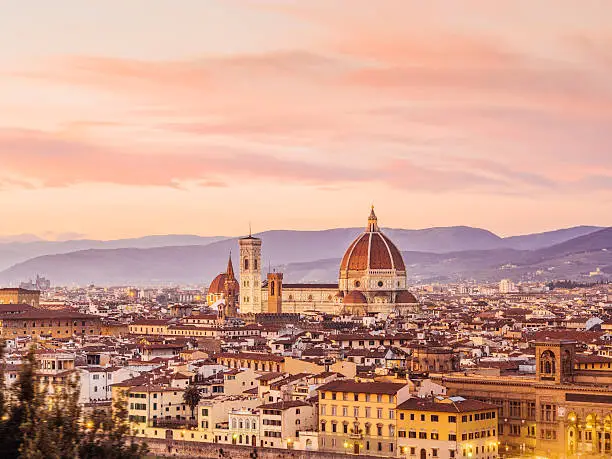 Photo of Florence's cathedral and skyline at sunset