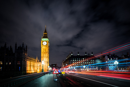Looking towards parliament and Big Ben with traffic light trails.
