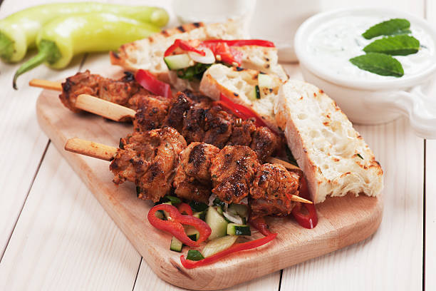Souvlaki or kebab, grilled meat skewer and toasted bread