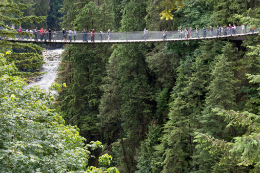 Vancouver, Canada - June 30, 2014: Tourists walking on Capilano Suspension Bridge, crossing a river in Capilano Suspension Bridge Park