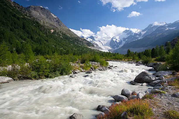 Swiss mountain landscape of the Morteratsch Glacier Valley hiking trail in the Bernina Mountain Range