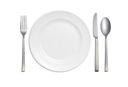 Dinner Plate, Knife,Spoon, and Fork on white background