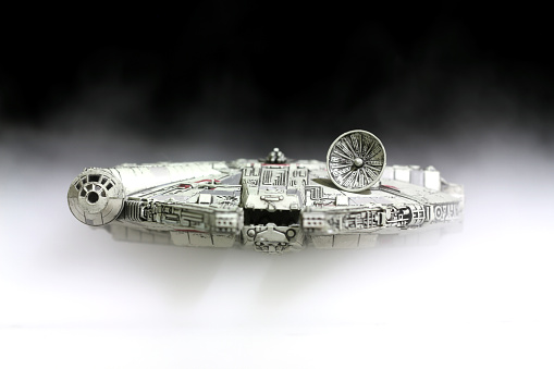 Vancouver, Canada - January 25, 2016: The Millenium Falcon from the Star Wars movie franchise. The model was made for the X-Wing minature game for Fantasy Flight Games.