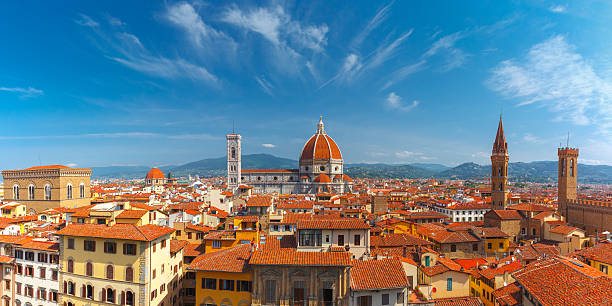 Duomo and Bargello in Florence, Italy Aerial scenic panorama of Duomo Santa Maria Del Fiore, Badia Fiorentina and Bargello at morning from Palazzo Vecchio in Florence, Tuscany, Italy florence italy stock pictures, royalty-free photos & images