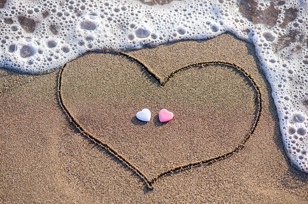 serce rysowane na piasku z dwa serca - beach love heart shape two objects zdjęcia i obrazy z banku zdjęć