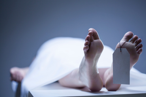 Labeled remains of person lying in mortuary