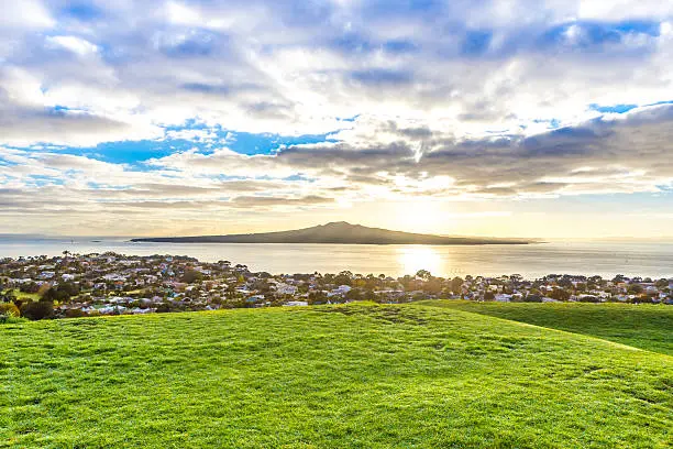 Photo of Morning landscape with a volcanic island on a horizon