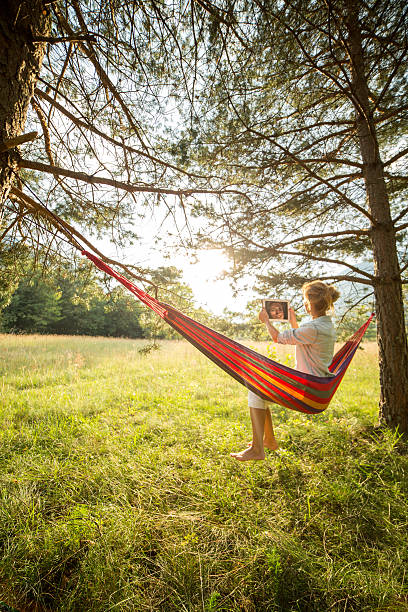 istock Woman on hammock at sunset taking picture with digital tablet 511437921