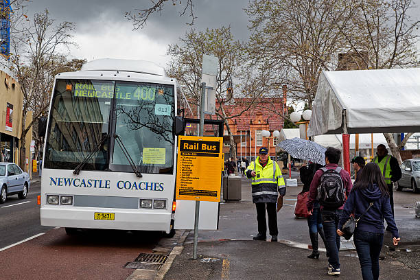 trem de passageiros a bordo de um ônibus substituto em sydney - bus public transportation sydney australia australia - fotografias e filmes do acervo