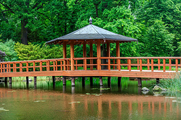 istock Red bridge with  view pavilion, yumedono bashi, in japanese garden 511441501