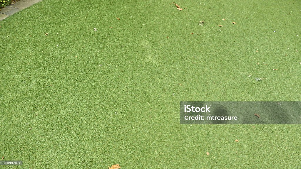 Image of plastic, synthetic, afrificial lawn grass, artificial turf, fake Photo showing an expanse of synthetic, afrificial lawn grass.  This green, artificial turf may be fake, but it is extremely realistic, both visually and the texture.  The artificial grass is pictured here in a garden setting, beneath a tree that has started to drop some of its leaves as autumn approaches, making the imitation grass look all the more real. Artificial Stock Photo
