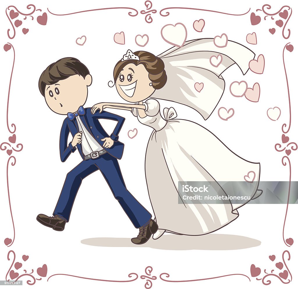 Running Groom Chased by Bride Funny Vector Cartoon Vector cartoon of a scared groom running away from bride and marriage. File type: vector EPS AI8 compatible. No gradients and no transparencies.  Escaping stock vector