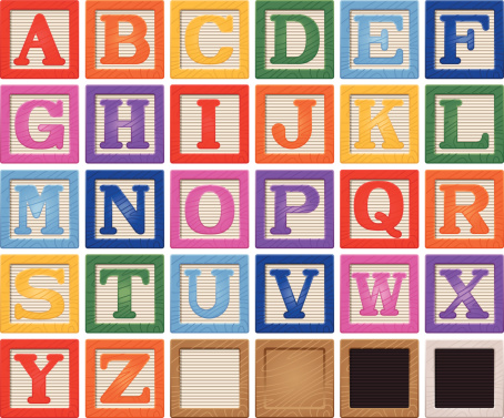 Vector drawing of wooden alphabet blocks.