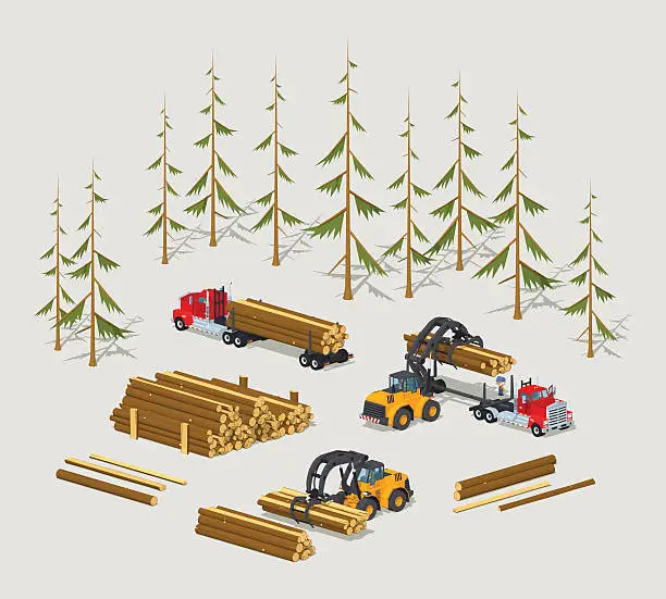 Vector illustration of Lumber stock. Logs loading on trucks