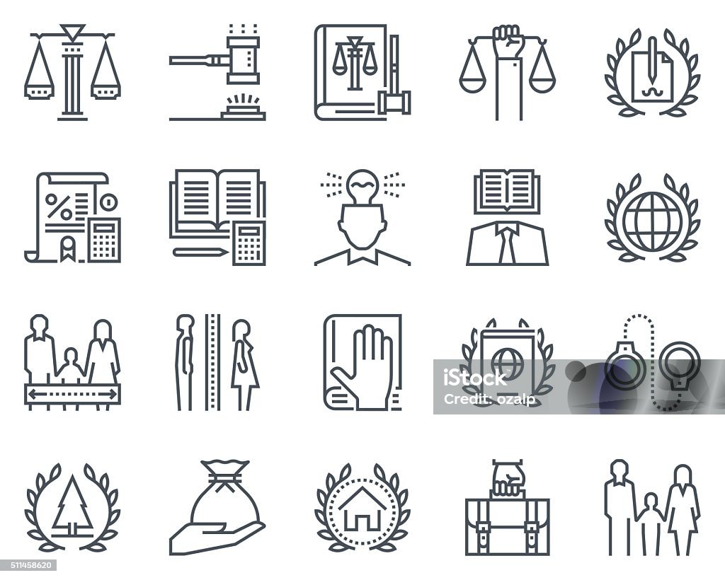 Law and justice icon set Law and justice icon set suitable for info graphics, websites and print media. Black and white flat line icons. Will - Legal Document stock vector