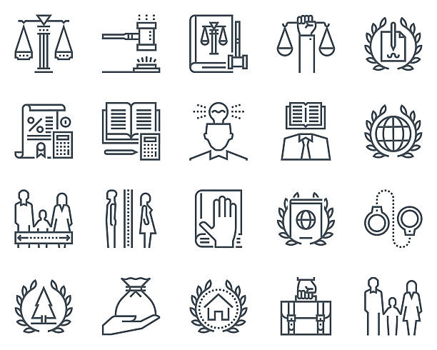 Law and justice icon set Law and justice icon set suitable for info graphics, websites and print media. Black and white flat line icons. counting instrument stock illustrations