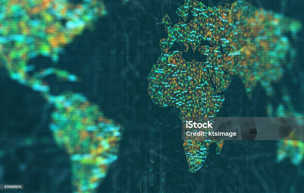 Europe and Africa in focus The map of the world represented by illuminated digital connections. 3D image with depth of field on a LED screen. Africa Stock Photo