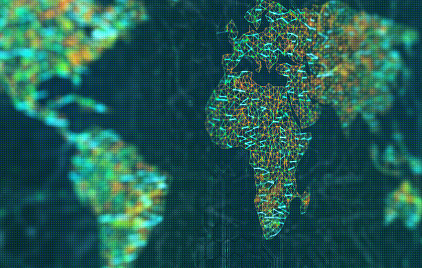Europe and Africa in focus The map of the world represented by illuminated digital connections. 3D image with depth of field on a LED screen. africa map stock pictures, royalty-free photos & images