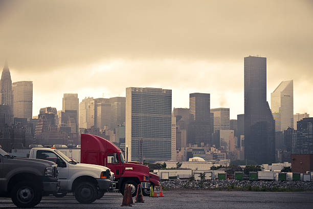 New York Trucking with Cityscape Backdrop stock photo