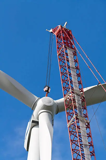 Wind power turbine under construction with a crane