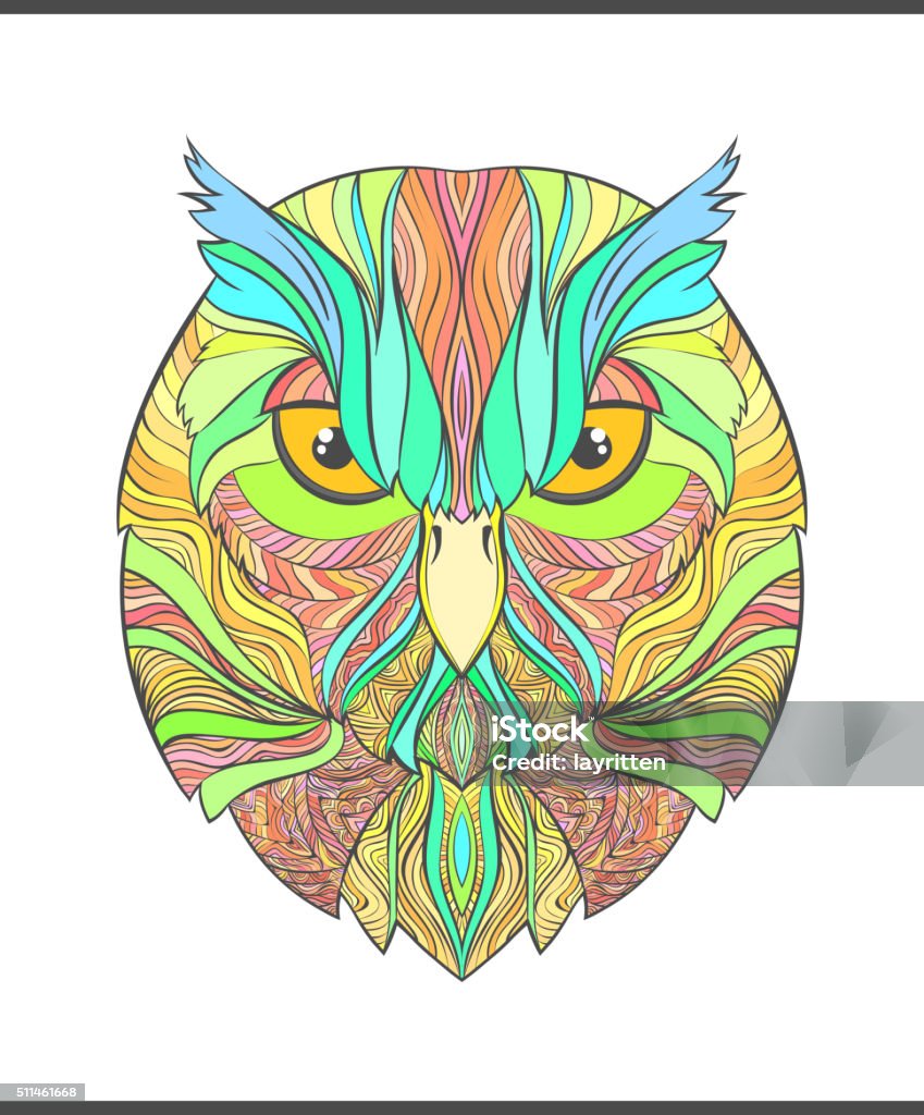 Bright, colorful print with the sketch owl. Modern bird Bright , colorful print with the sketch owl . Adult coloring . owls head for printing on textiles . Isolated owl for design of printed materials . Abstract colored bird. Stylish modern owl Abstract stock vector