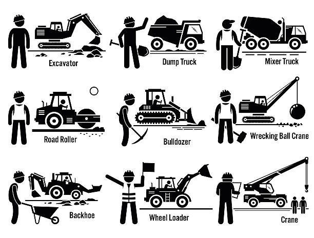 Construction Vehicles Transportation and Worker Set Vector set of construction vehicles and transportation with workers that includes excavator, dump truck, cement mixer truck, road roller, bulldozer, wrecking ball crane, backhoe, wheel loader, and crane. engineer silhouettes stock illustrations