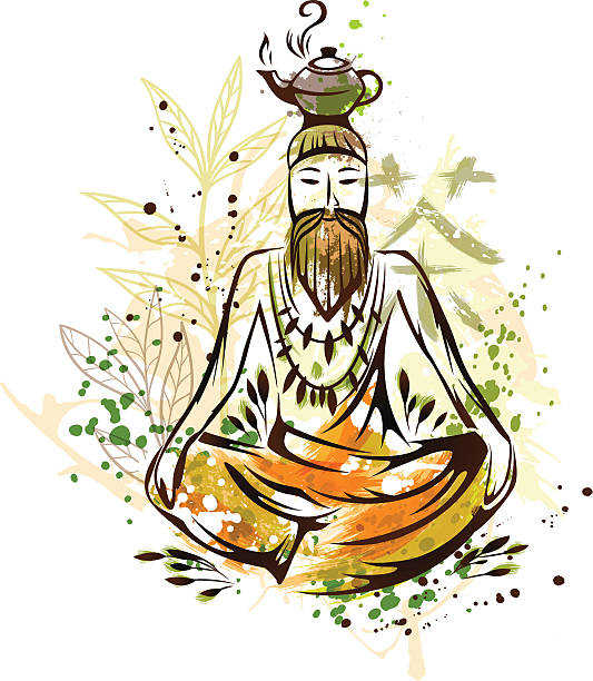 Asian monk in lotus pose with teapot. Asian monk in lotus pose with teapot. Green tea leaves backdrop. Vector illustration in watercolor style. tibetan ethnicity stock illustrations