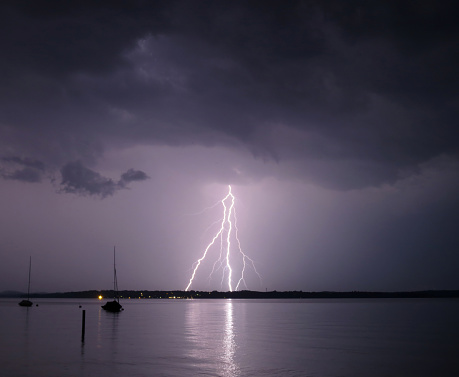 View of storm and lightning on Lake Starnberg, Bavaria, Germany.
