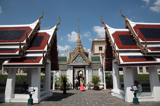 Bangkok, Thailand - October, 30 2015: tourists are in the front of grand palace building. The Grand Palace is the most famous temple and landmark of Thailand. 