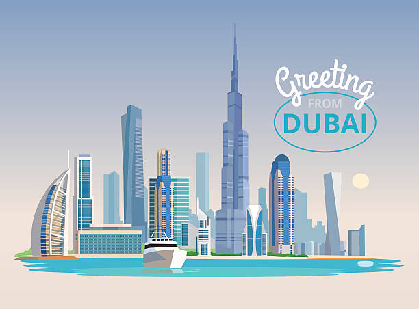 пейзаж дубая. вектор плоская иллюстрация - dubai skyline panoramic united arab emirates stock illustrations